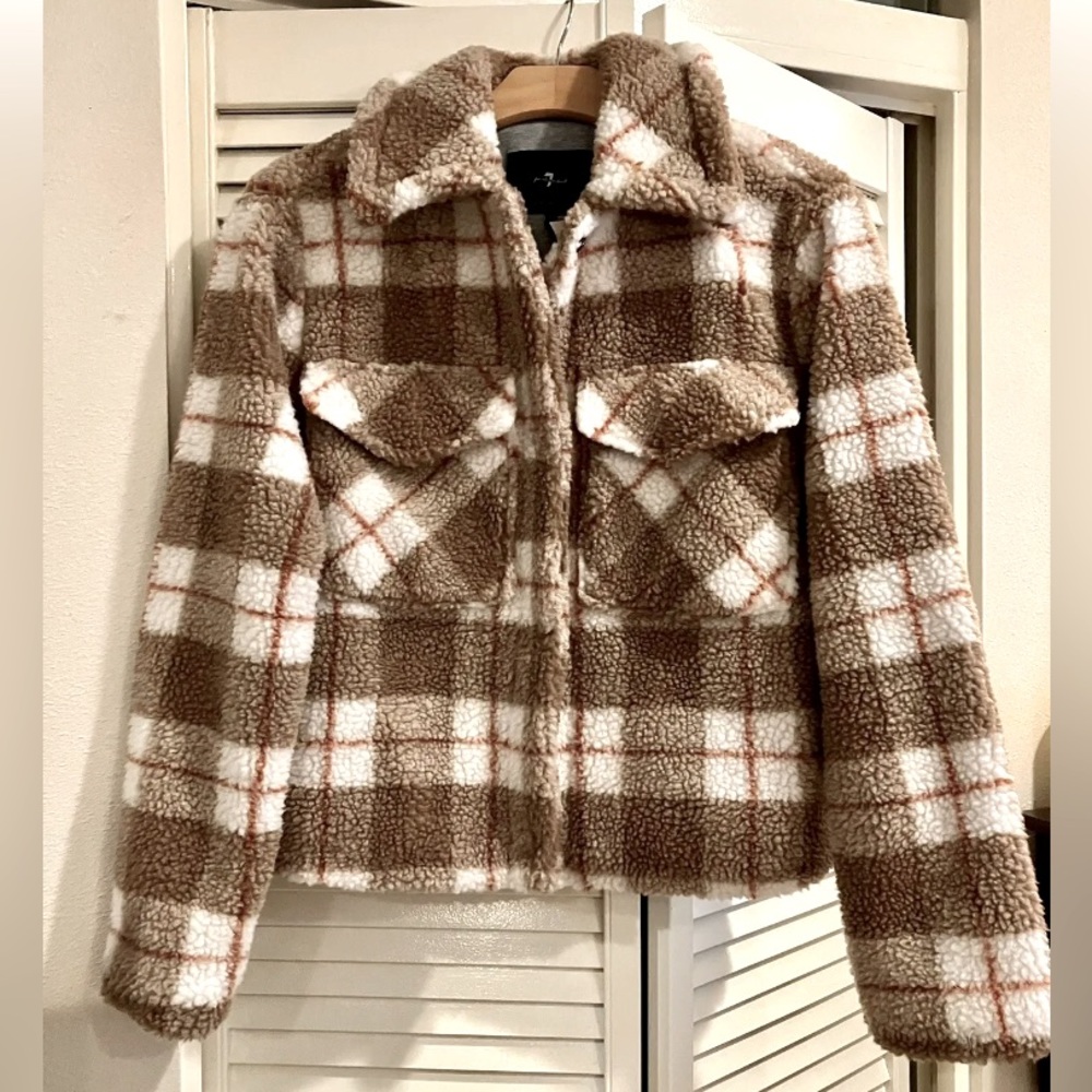NWT 7 for all mankind cozy sherpa fleece tartan plaid trucker jacket S